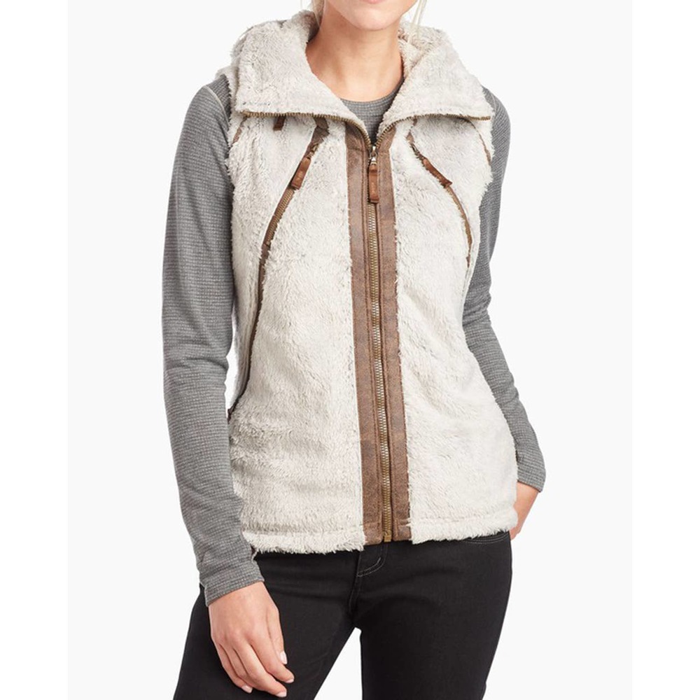 Kuhl Womens Flight Vest XS Stone Mid-Weight Fleece Zipper Pockets Stowaway Hood